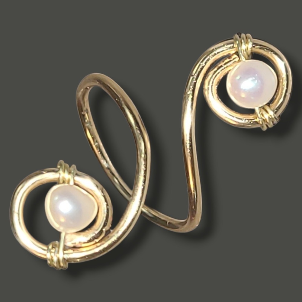 Gold Tone Wire Wrap Adjustable Ring Freshwater Pearls‎ Boho Cocktail Statement